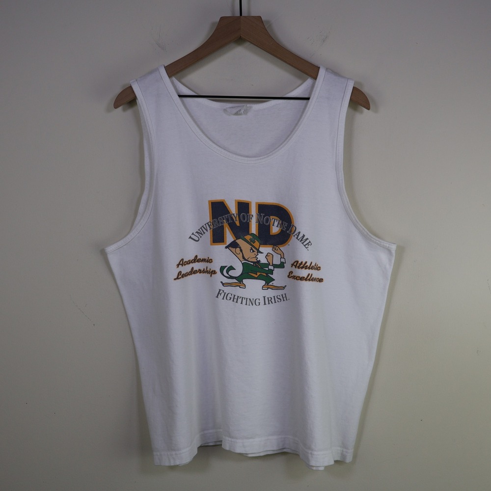 Vintage 90s Notre Dame Fighting Irish Tank Top XL White Cotton Mascot NCAA Logo